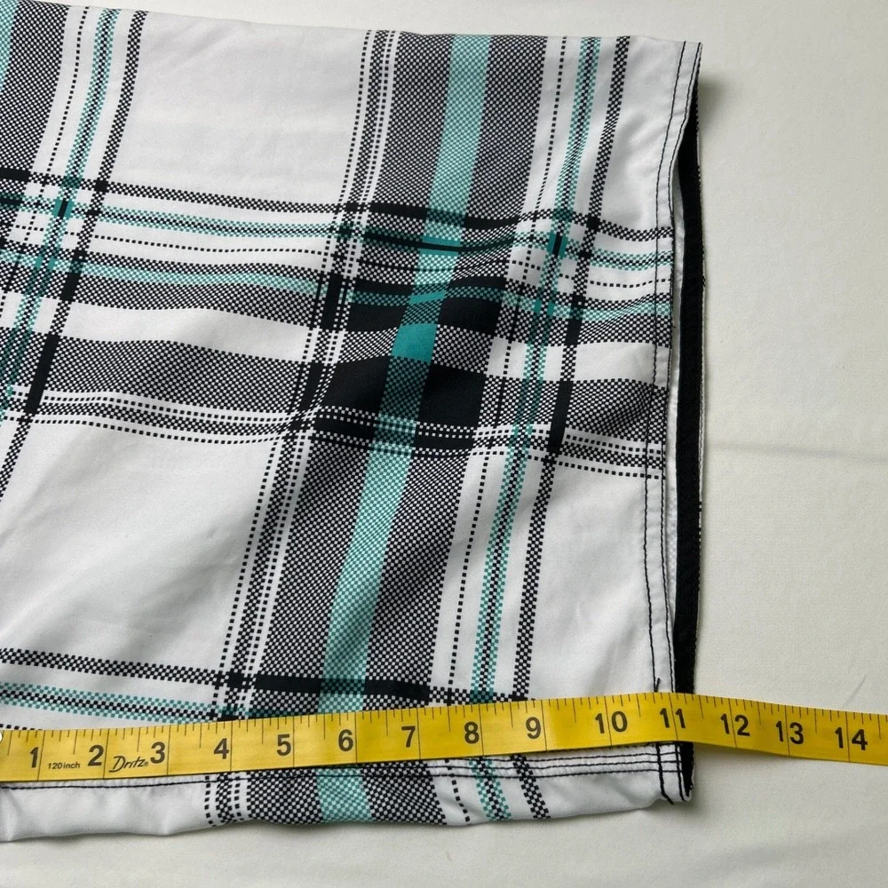 Burnside Mens Plaid Cargo Board Shorts Size XL White Black Teal Surf Swim Beach